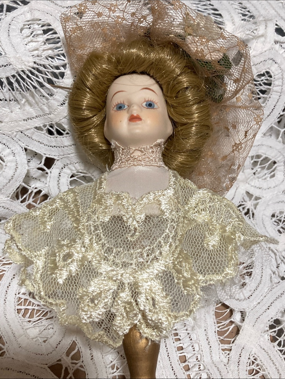 Porcelain Doll Figurine on a stick in Cream Lace